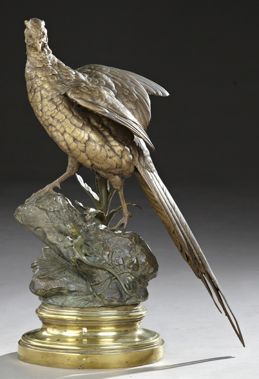 Patinated bronze sculpture on stepped circular brass base by Alfred Dubucand (French, 1828-1894), titled ‘Pheasant and Lizard.’ Estimate: $4,000-$6,000. Crescent City Auction Gallery image.